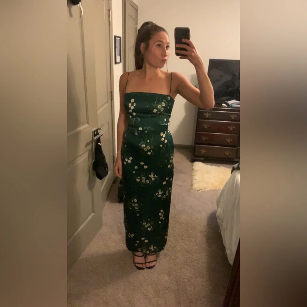 Green Floral Dress Frankie Dress Reformation Reformation Frankie Silk Dress, Sage Border Green Floral Dress Frankie Dress Reformation Reformation Frankie Silk Dress, Sage Border